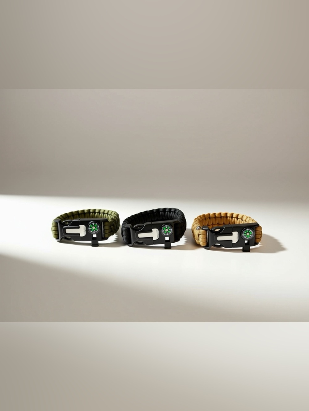 Survival Paracord Bracelet with Compass - Olive, Black & Khaki - Lot of 3